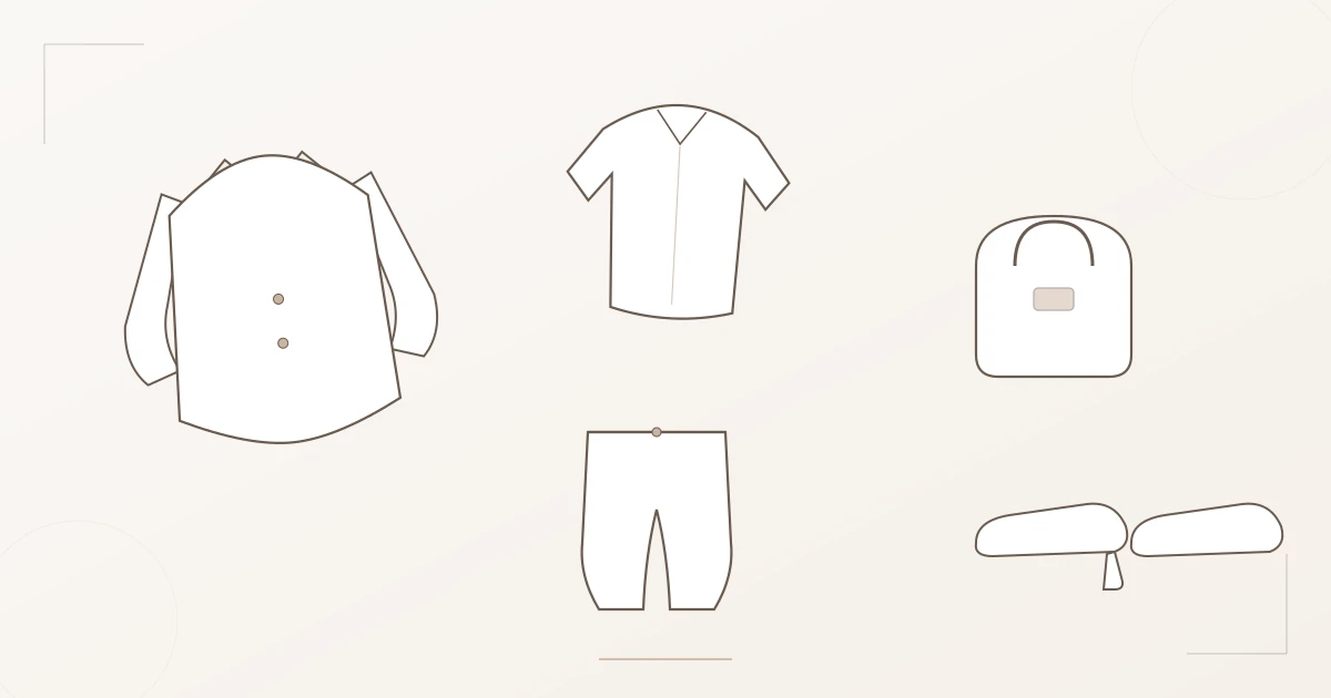 Illustration: Flatlay einer Business-Kapselgarderobe mit Blazer, Bluse, Hose, Tasche und Schuhen