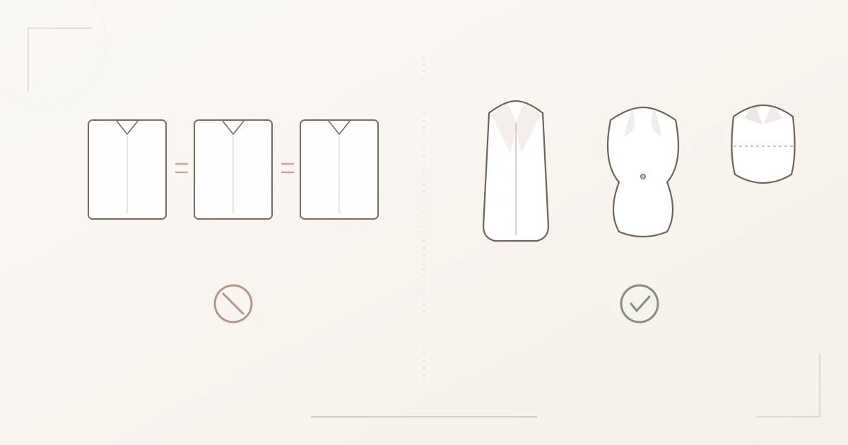 Illustration: Drei identische Kasten-Blazer einer Standard-Liste im Vergleich zu drei unterschiedlichen Blazer-Silhouetten für unterschiedliche Körperlinien