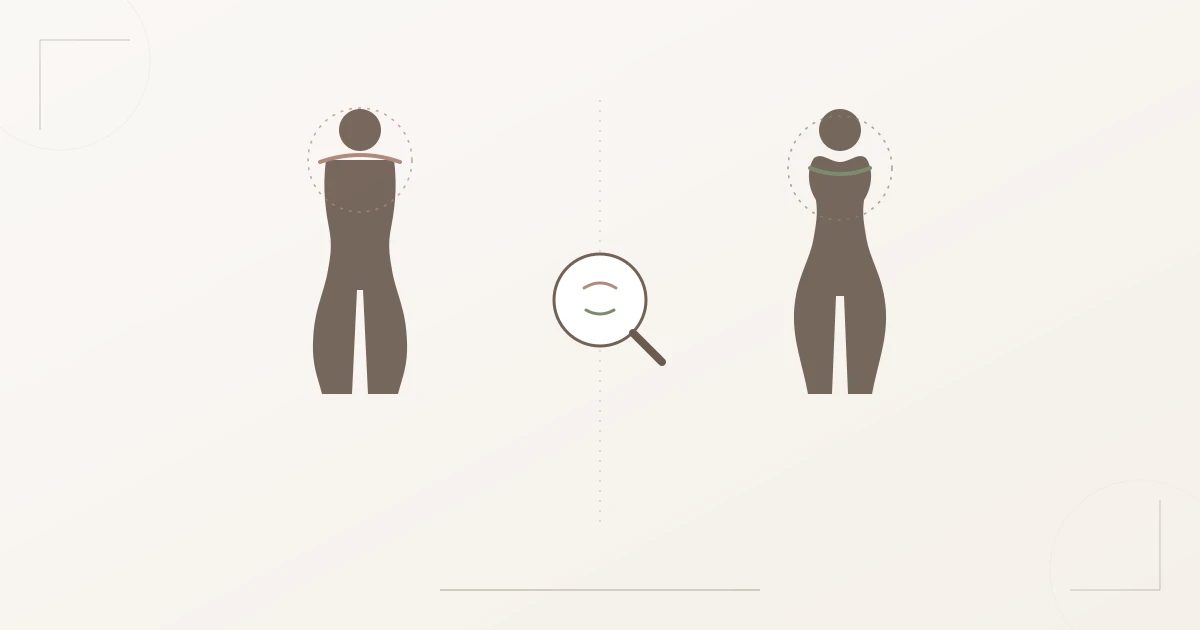 Illustration: Zwei ähnliche Silhouetten mit markierter Schulterlinie — das entscheidende Detail bei Kibbe-Verwechslungen