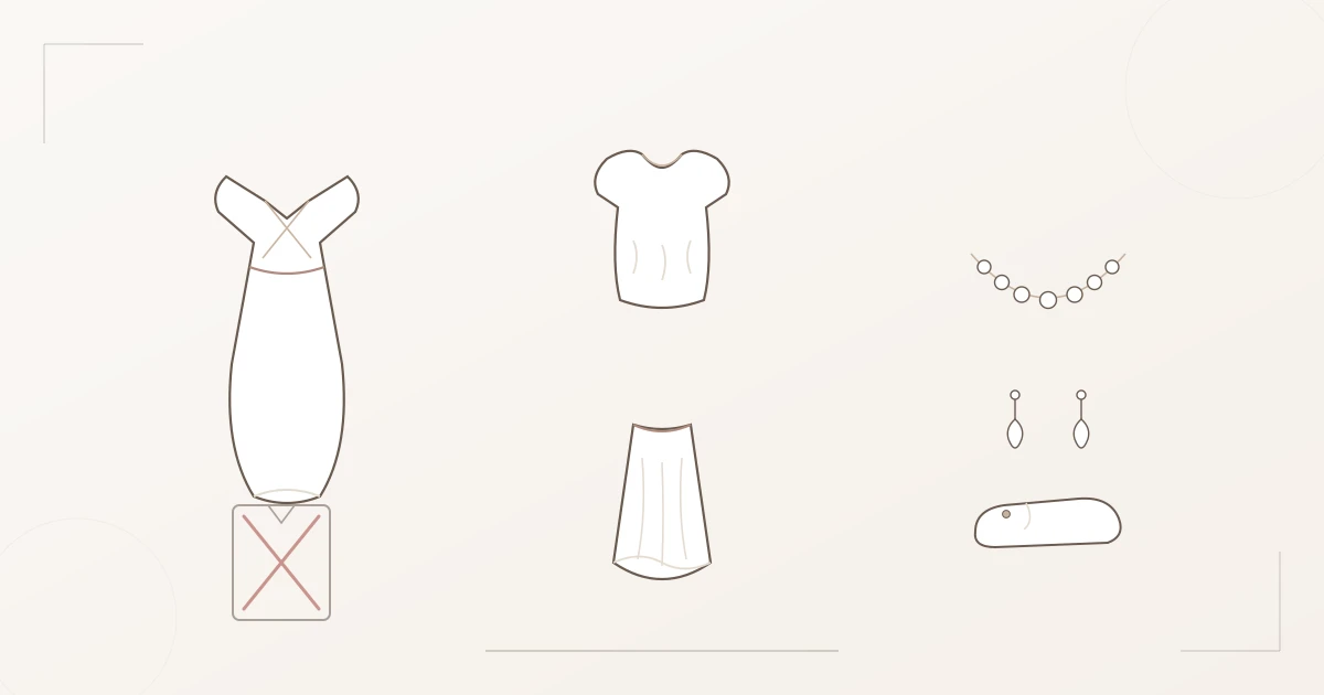 Illustration der Romantic-Kernteile: Wickelkleid, drapierte Bluse, ausgestellter Midirock, Perlenkette und zarte Ohrringe — daneben ein durchgestrichener kastiger Blazer