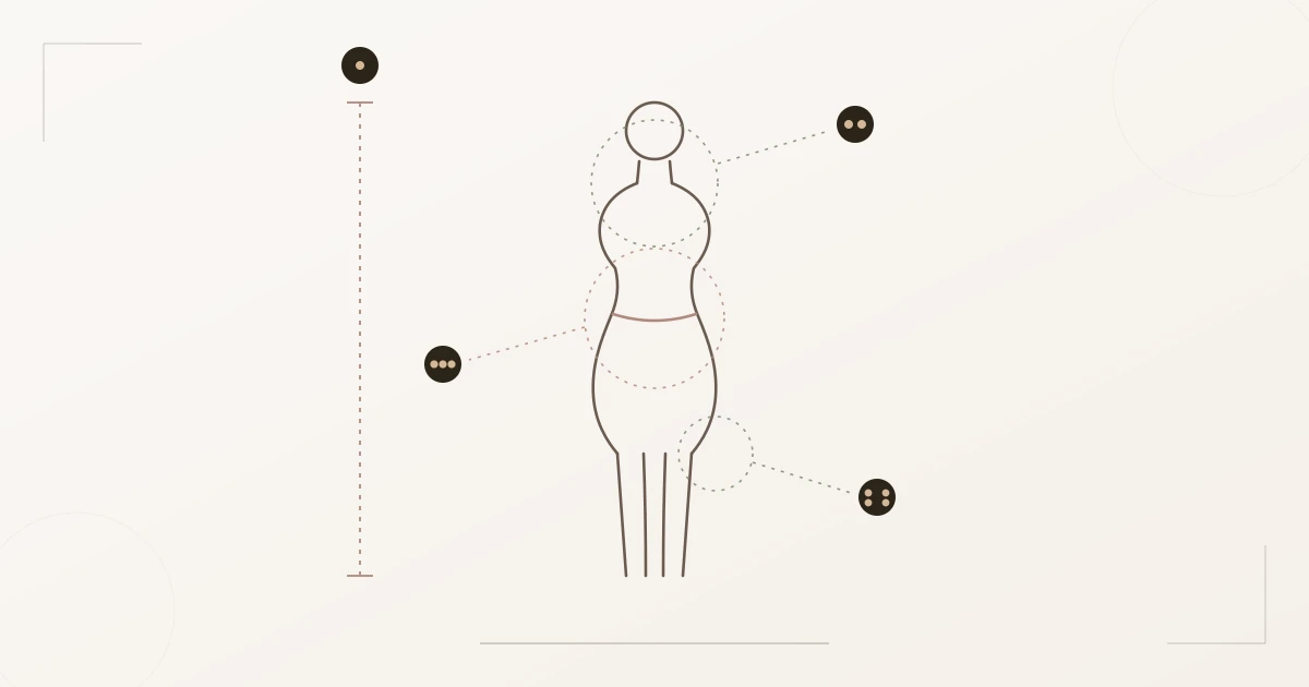 Diagramm der Romantic-Linienanatomie: kurze Vertikale, weiche abfallende Schultern, ausgeprägte Sanduhr mit definierter Taille, zarte Gelenke