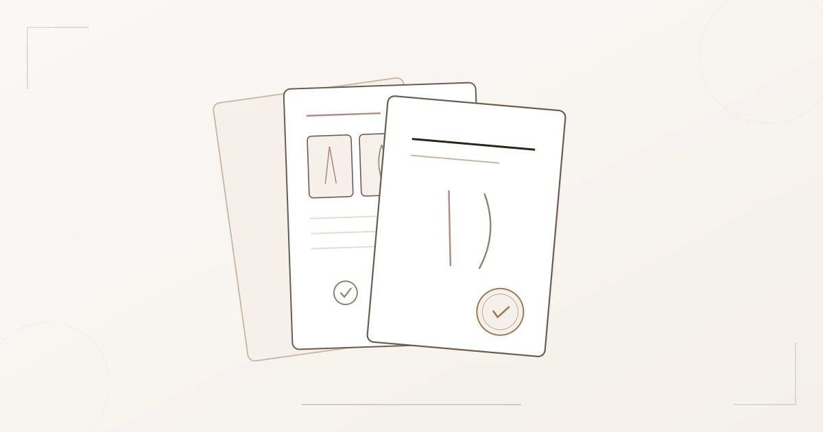 Illustration des persönlichen Stil-Dossiers: aufgefächerte PDF-Seiten mit Silhouetten-Empfehlungen, Do's und Don'ts und Zertifizierungssiegel